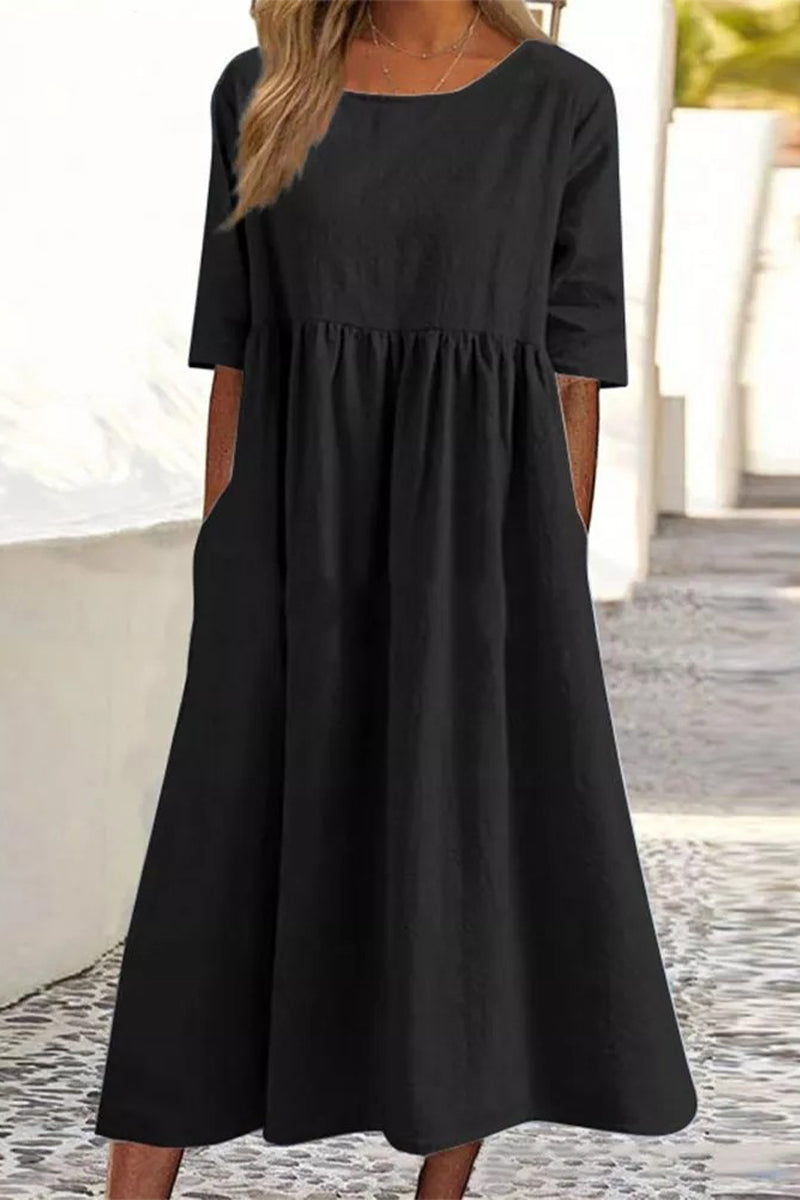 Vestidos casuales sencillos de corte A con cuello redondo y bolsillos lisos