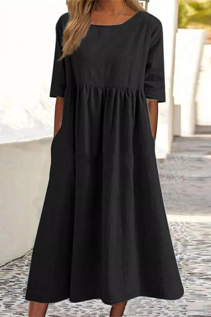 Vestidos casuales sencillos de corte A con cuello redondo y bolsillos lisos