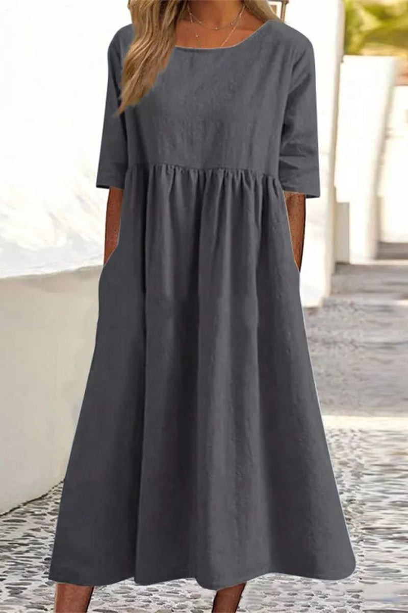 Vestidos casuales sencillos de corte A con cuello redondo y bolsillos lisos
