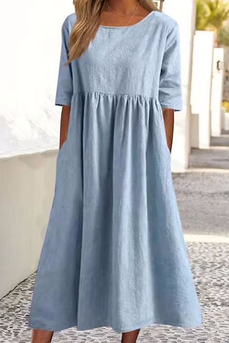 Vestidos casuales sencillos de corte A con cuello redondo y bolsillos lisos