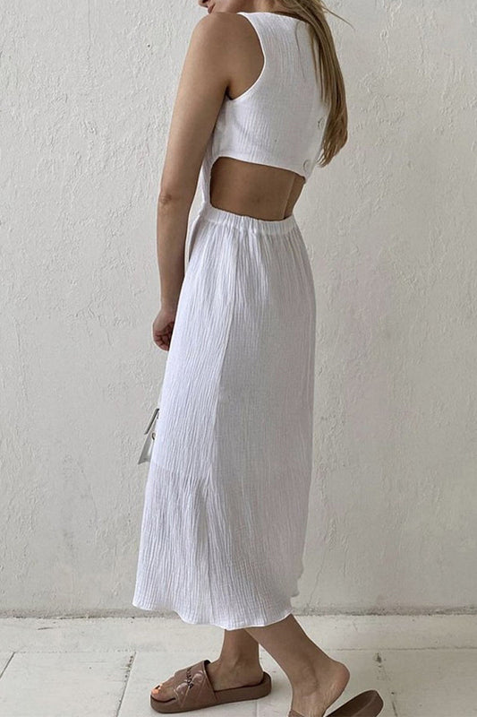 Vestido informal sencillo con hebilla sólida y cuello redondo sin mangas
