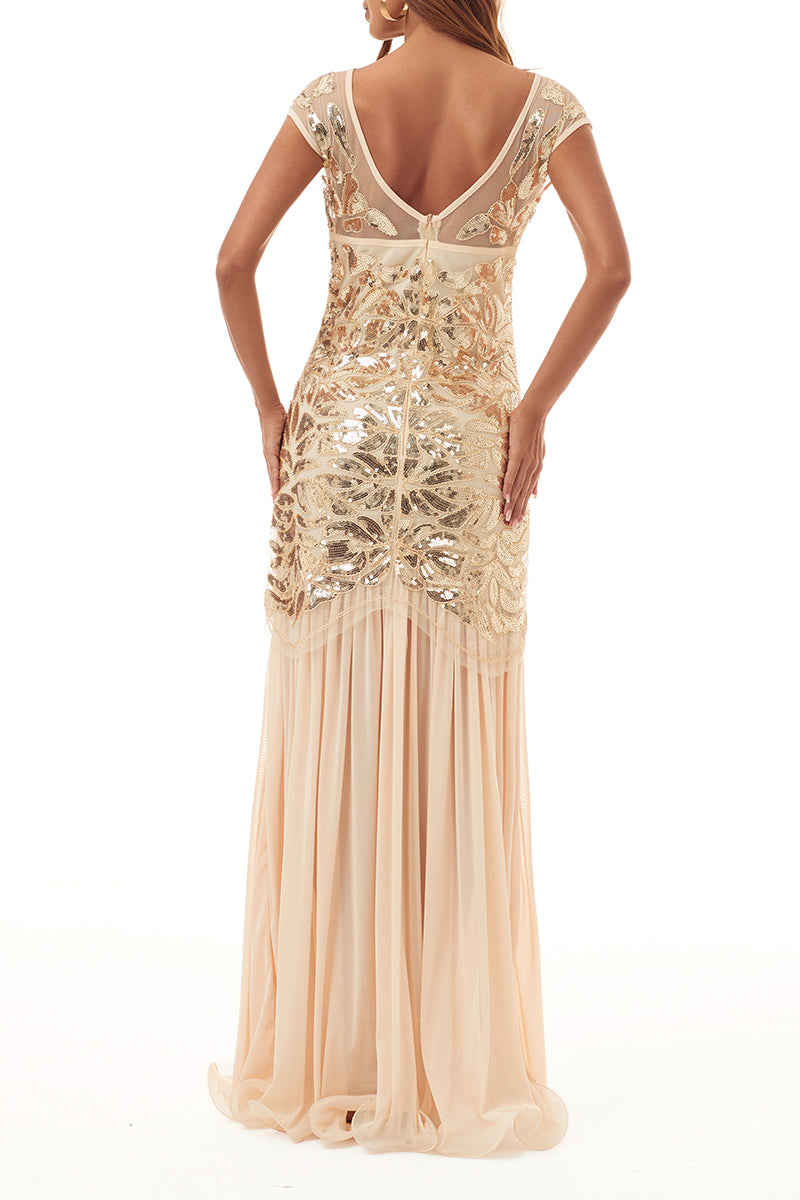 Elegante vestido de noche formal con cuello redondo, lentejuelas, abalorios y cremallera