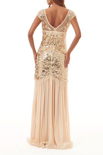 Elegante vestido de noche formal con cuello redondo, lentejuelas, abalorios y cremallera
