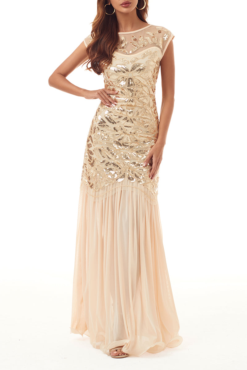 Elegante vestido de noche formal con cuello redondo, lentejuelas, abalorios y cremallera