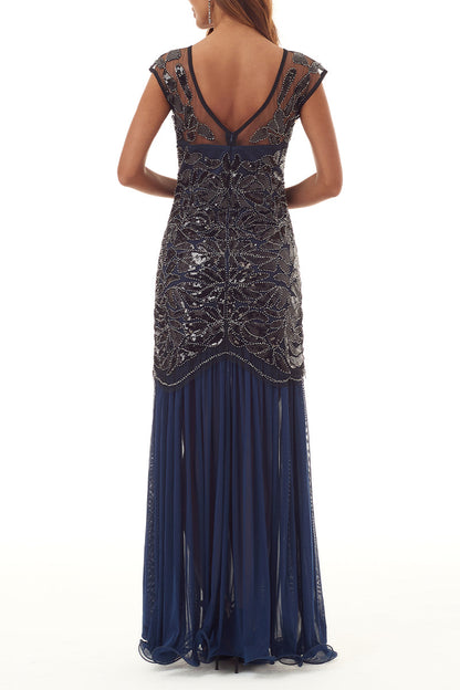 Elegante vestido de noche formal con cuello redondo, lentejuelas, abalorios y cremallera
