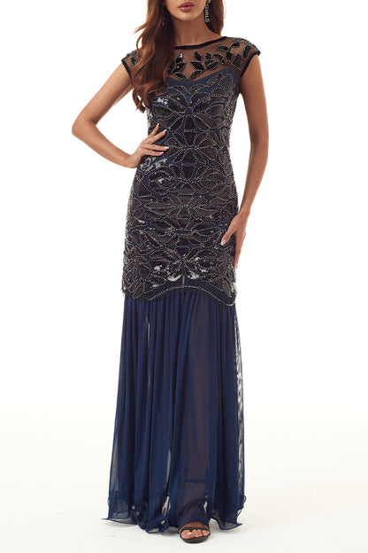 Elegante vestido de noche formal con cuello redondo, lentejuelas, abalorios y cremallera