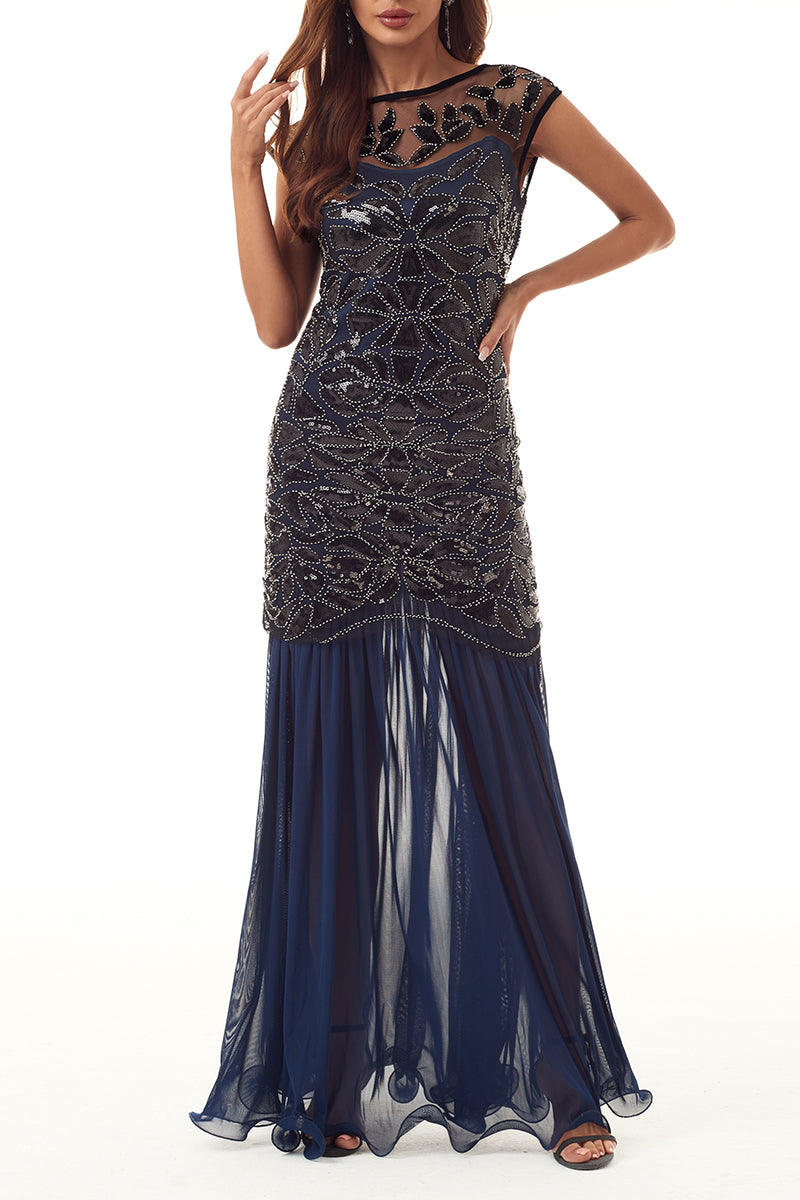Elegante vestido de noche formal con cuello redondo, lentejuelas, abalorios y cremallera