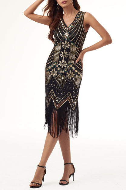 Vestido de noche sexy, informal, formal, con retazos, borlas, lentejuelas y cremallera, escote en V