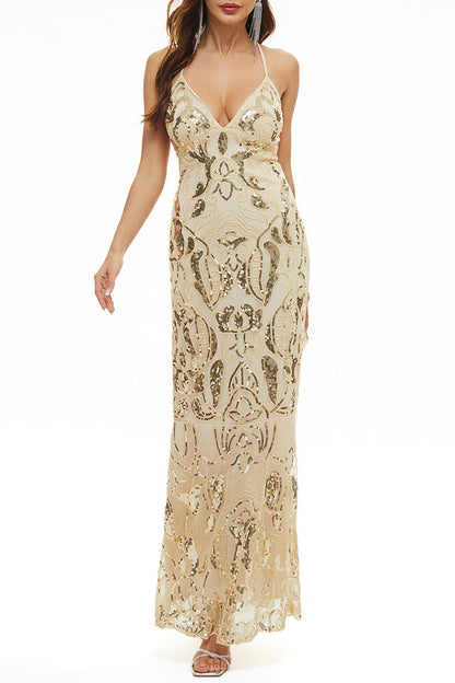 Vestido de noche sexy formal con cuello en V y lentejuelas y parches