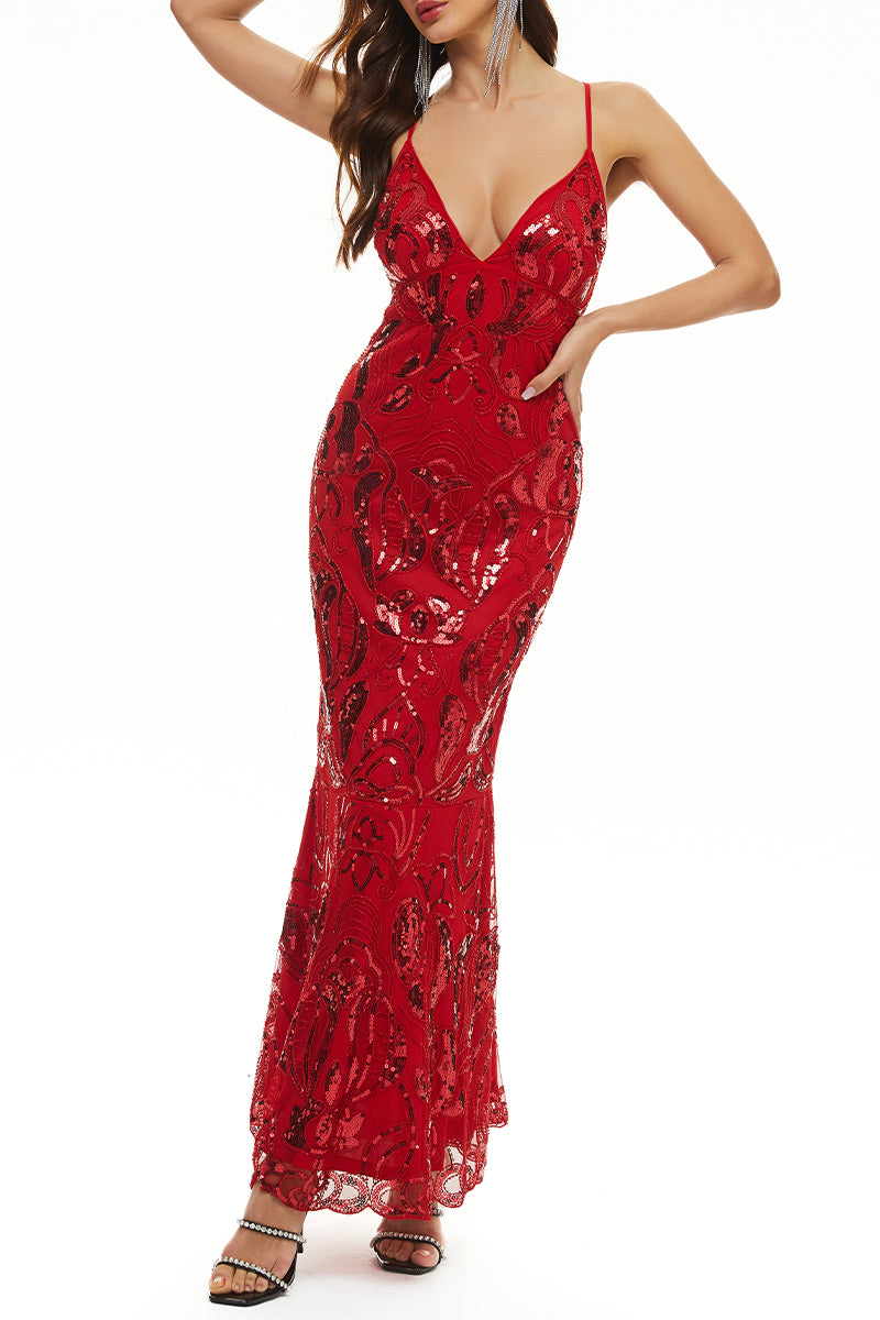 Vestido de noche sexy formal con cuello en V y lentejuelas y parches