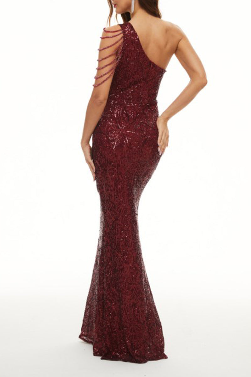 Vestidos de noche elegantes de celebridades con lentejuelas sólidas y cuello oblicuo.