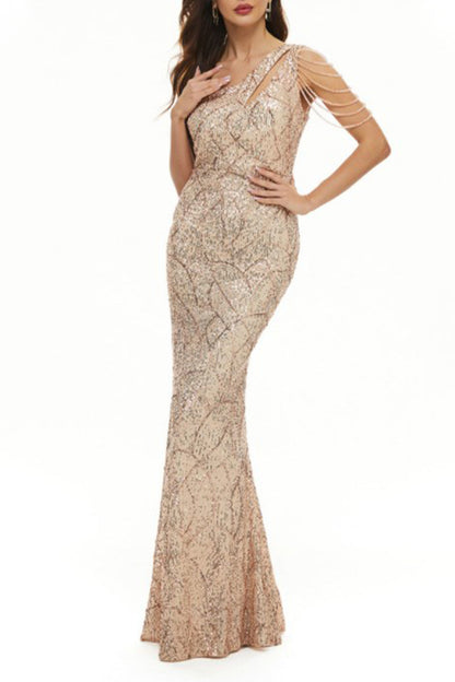 Vestidos de noche elegantes de celebridades con lentejuelas sólidas y cuello oblicuo.