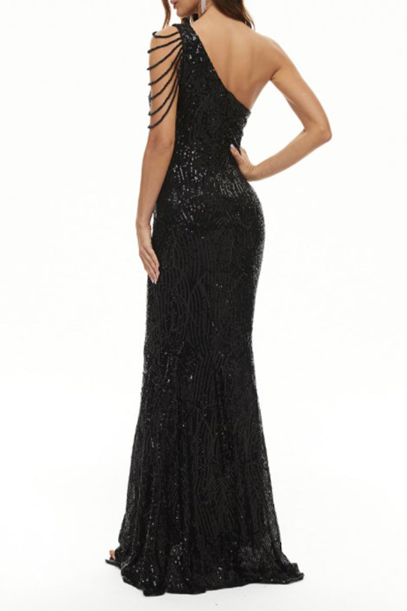 Vestidos de noche elegantes de celebridades con lentejuelas sólidas y cuello oblicuo.