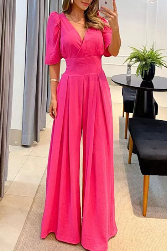 Monos casuales elegantes de color liso con bolsillos y cuello en V rectos