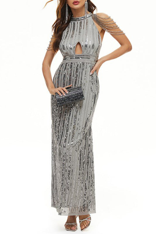 Vestidos de noche elegantes de celebridades con lentejuelas sólidas y patchwork con cuello redondo
