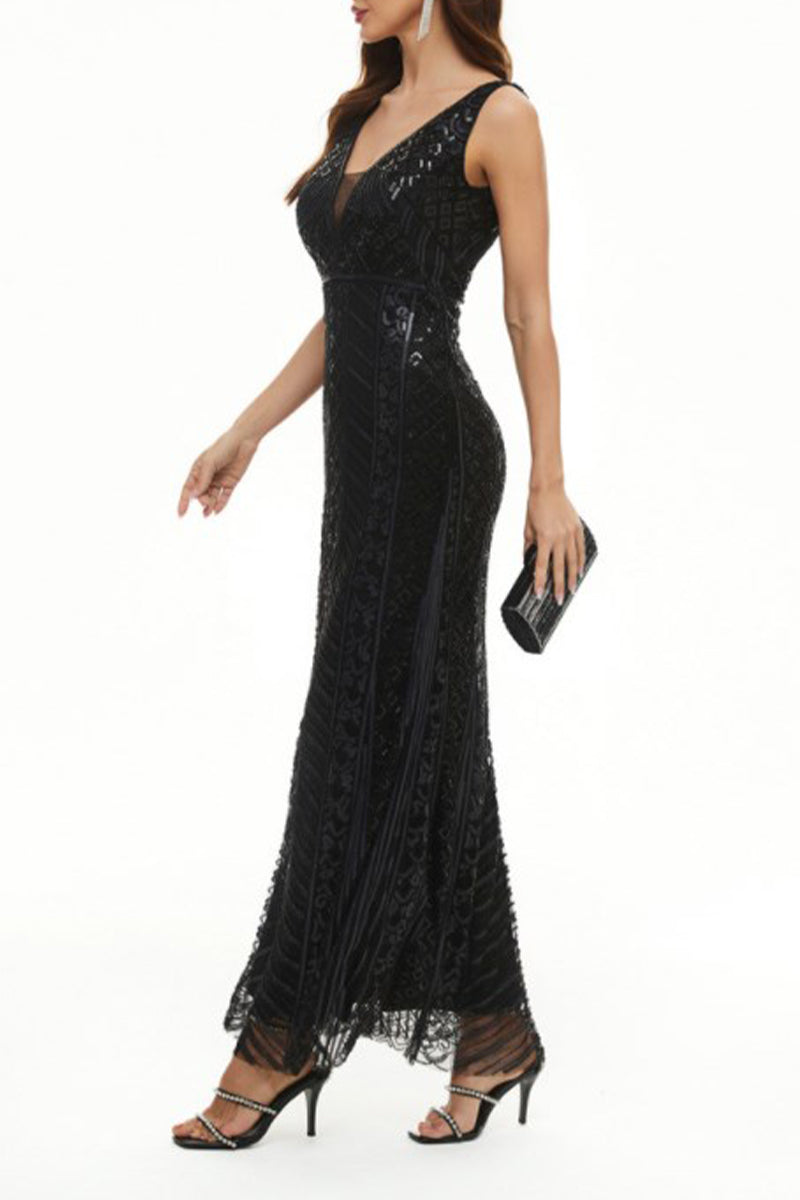 Vestido de noche sexy formal con cuello en V y patchwork