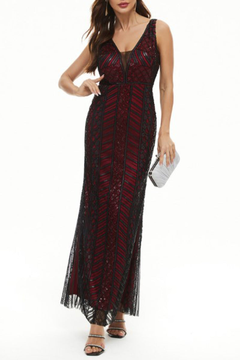 Vestido de noche sexy formal con cuello en V y patchwork