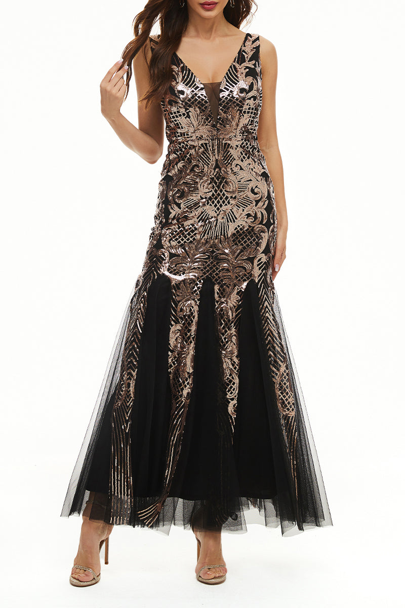 Elegante vestido de noche universitario con cuello en V y lentejuelas de patchwork (4 colores)