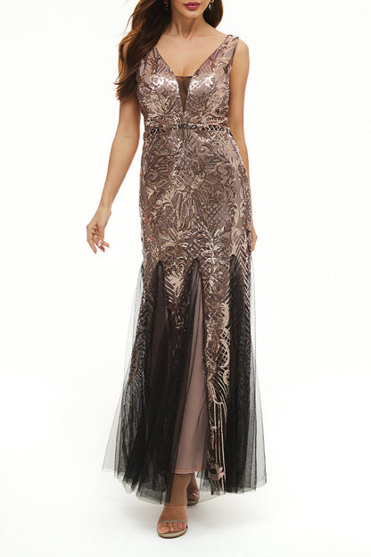 Elegante vestido de noche universitario con cuello en V y lentejuelas de patchwork (4 colores)