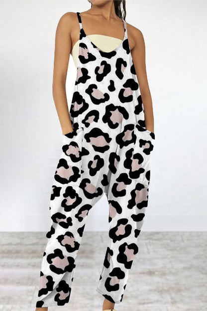 Mono holgado informal con cuello en V, bolsillos y patchwork con estampado