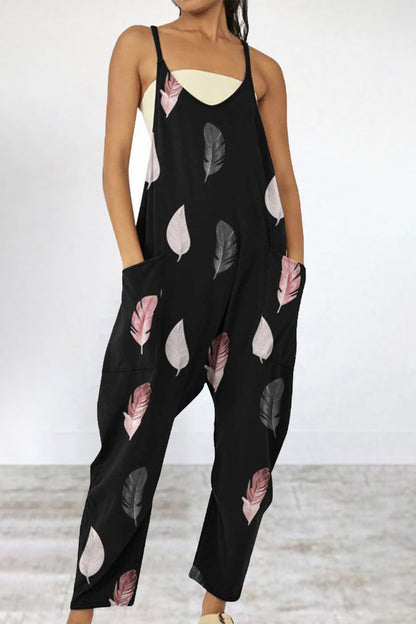 Mono holgado informal con cuello en V, bolsillos y patchwork con estampado
