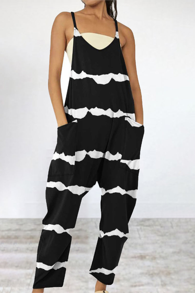 Mono holgado informal con cuello en V, bolsillos y patchwork con estampado