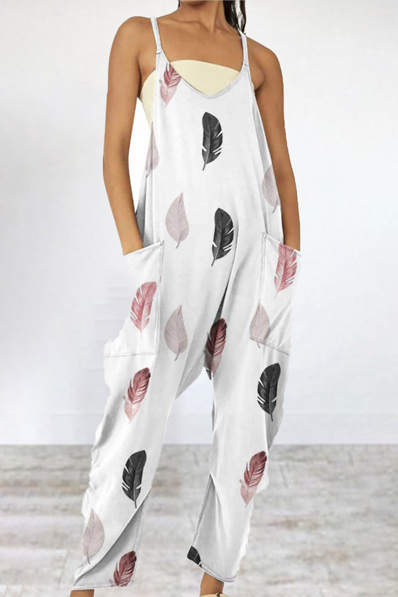 Mono holgado informal con cuello en V, bolsillos y patchwork con estampado