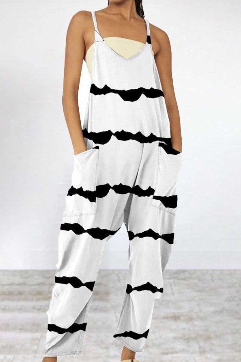 Mono holgado informal con cuello en V, bolsillos y patchwork con estampado