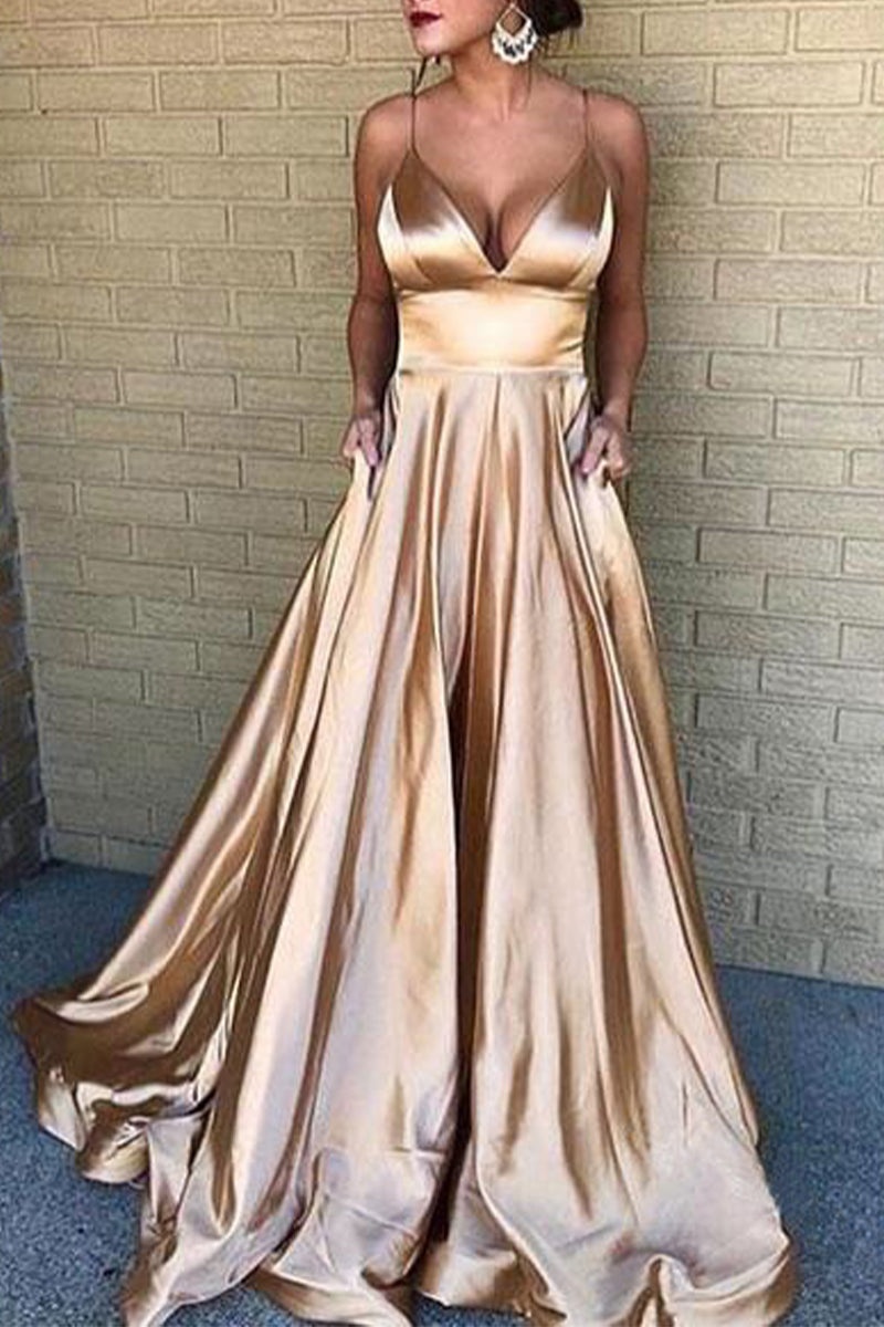 Elegante vestido de noche formal de color liso con escote en V (5 colores)