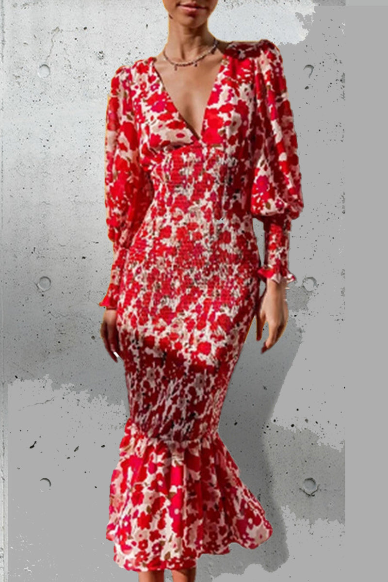 Vestidos de sirena con cuello en V y volantes, estampado elegante diario (5 colores)