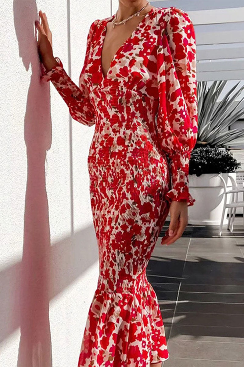 Vestidos de sirena con cuello en V y volantes, estampado elegante diario (5 colores)