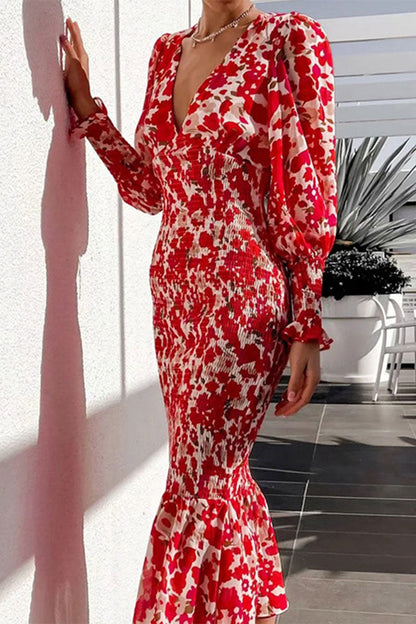 Vestidos de sirena con cuello en V y volantes, estampado elegante diario (5 colores)