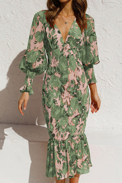Vestidos de sirena con cuello en V y volantes, estampado elegante diario (5 colores)
