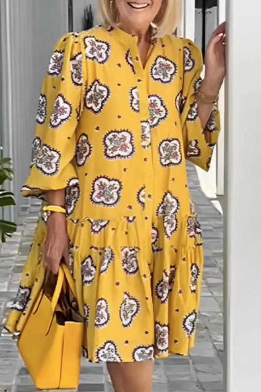 Vestidos casuales de corte A con cuello redondo, botones y estampado universitario