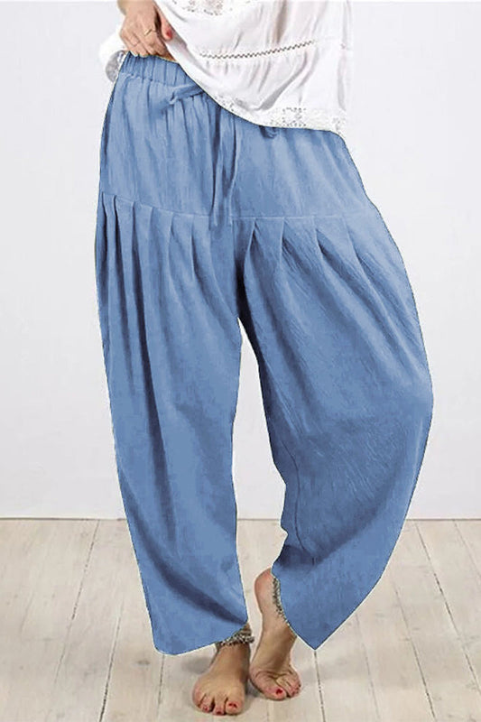 Pantalones casuales de color liso con pliegues de frenillo, holgados, de cintura alta, estilo harén