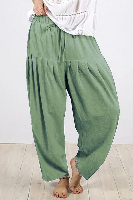Pantalones casuales de color liso con pliegues de frenillo, holgados, de cintura alta, estilo harén