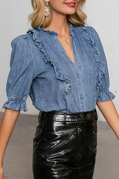 Blusas de cuello en V con volantes y hebillas sólidas de Work