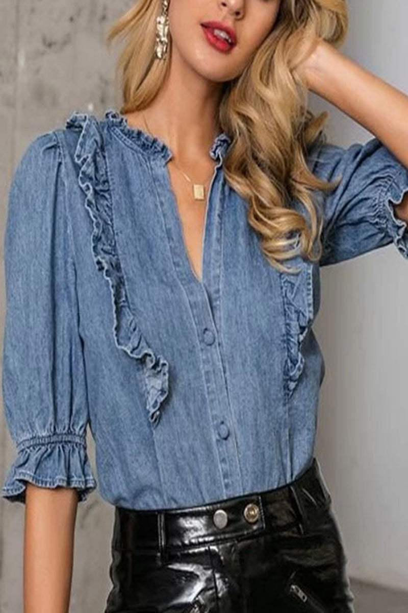 Blusas de cuello en V con volantes y hebillas sólidas de Work