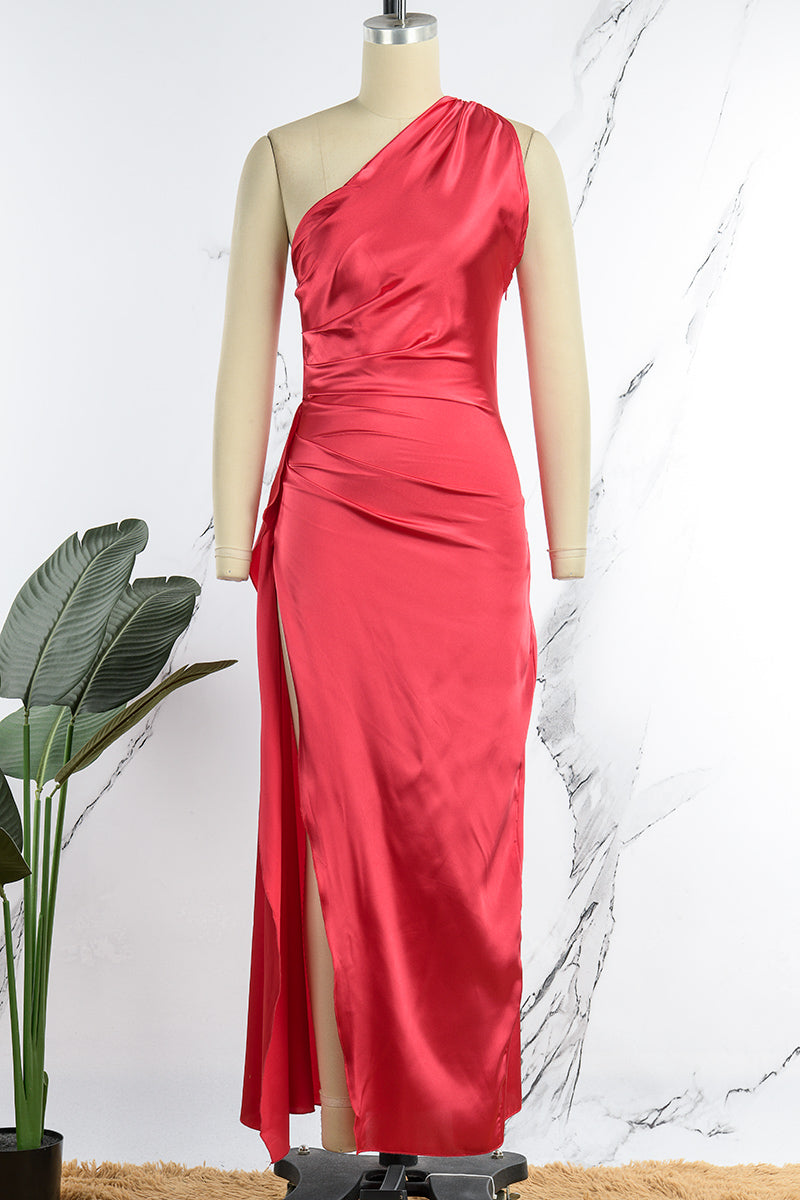 Vestido de noche sexy formal liso sin espalda con abertura y cuello oblicuo