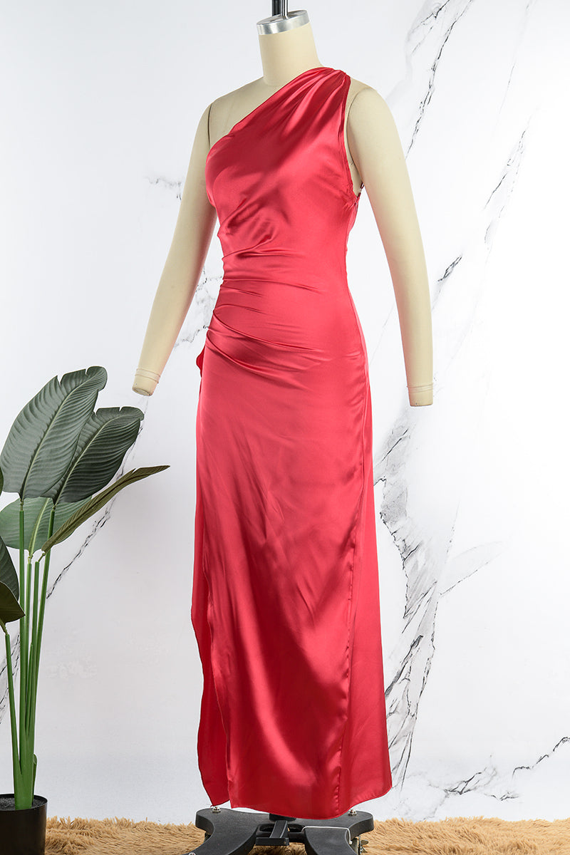 Vestido de noche sexy formal liso sin espalda con abertura y cuello oblicuo