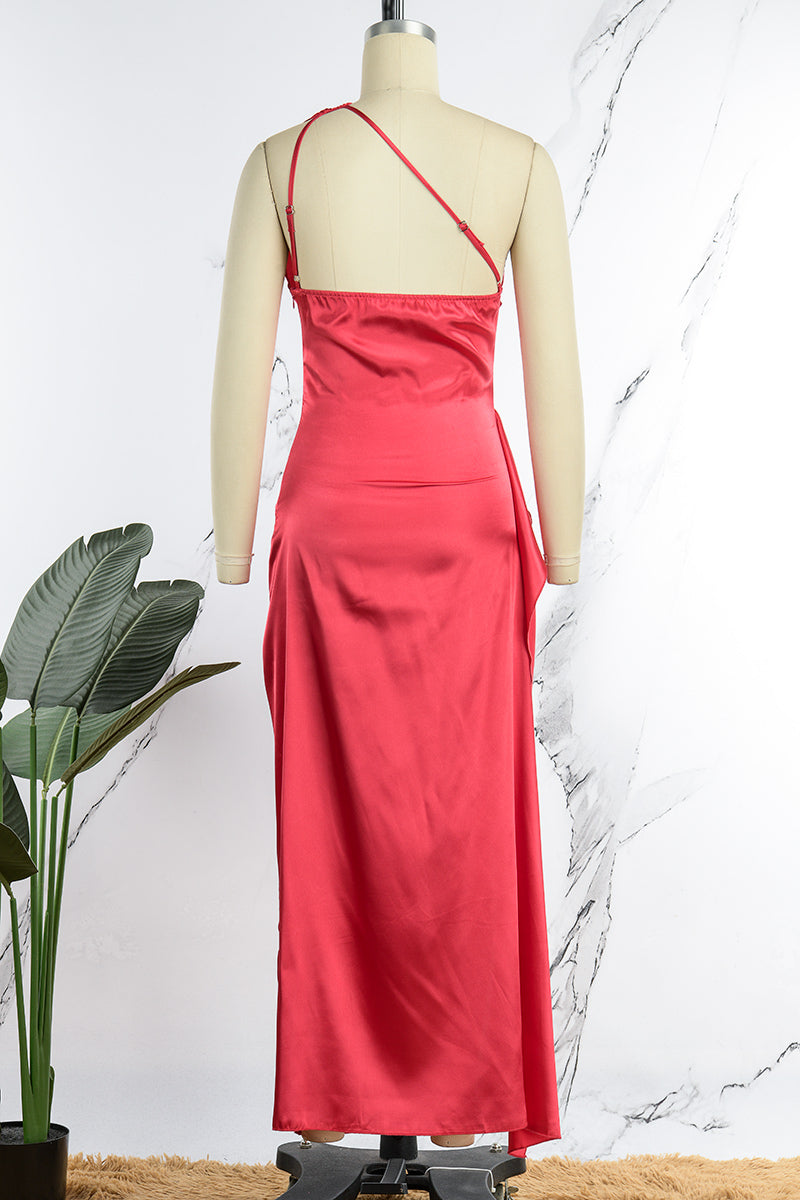 Vestido de noche sexy formal liso sin espalda con abertura y cuello oblicuo