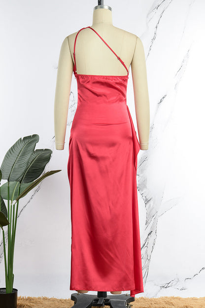 Vestido de noche sexy formal liso sin espalda con abertura y cuello oblicuo