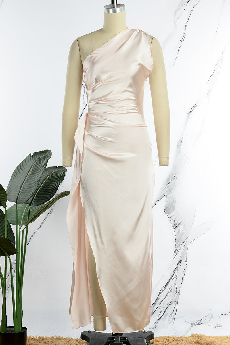 Vestido de noche sexy formal liso sin espalda con abertura y cuello oblicuo