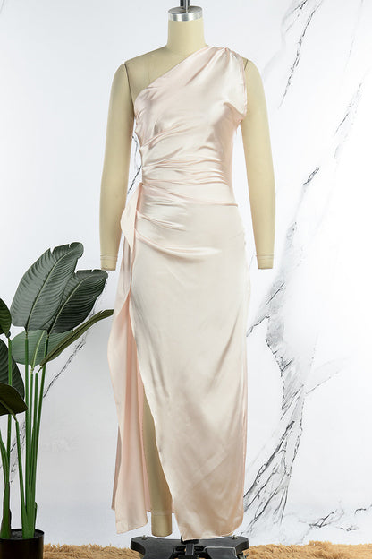 Vestido de noche sexy formal liso sin espalda con abertura y cuello oblicuo