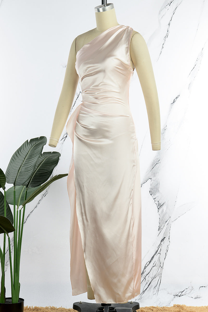 Vestido de noche sexy formal liso sin espalda con abertura y cuello oblicuo