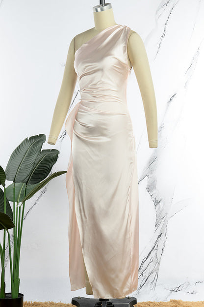 Vestido de noche sexy formal liso sin espalda con abertura y cuello oblicuo