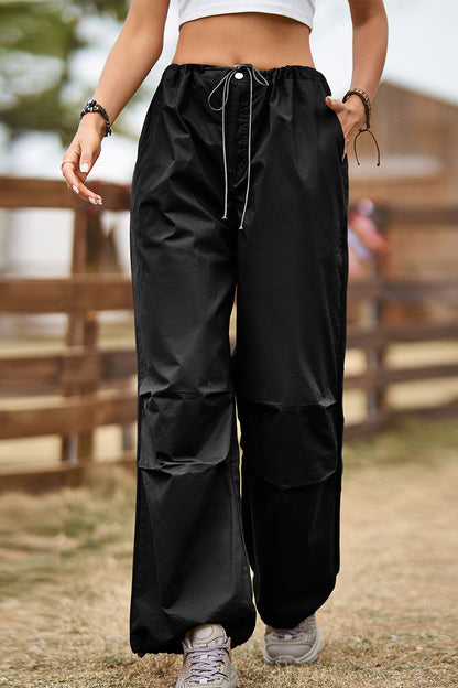Pantalones casuales de calle con bolsillos sólidos, sueltos, de cintura alta, rectos, de color sólido