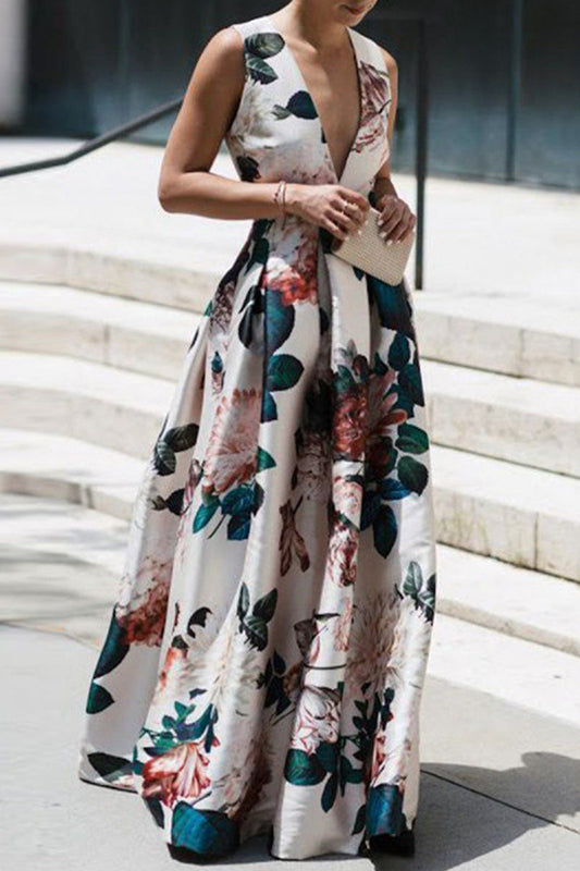 Vestidos elegantes de celebridades con estampado floral de patchwork y cuello en V