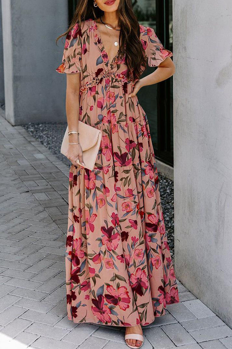 Elegantes vestidos de línea A con cuello en V y patchwork floral