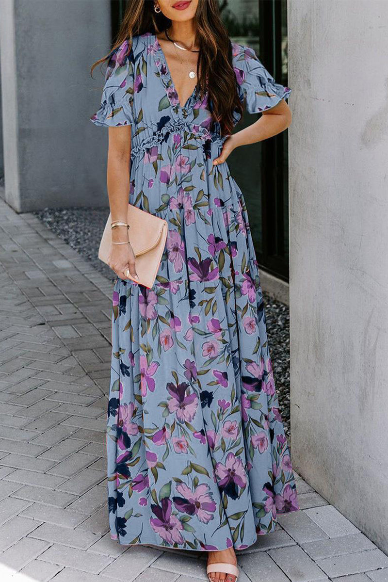 Elegantes vestidos de línea A con cuello en V y patchwork floral